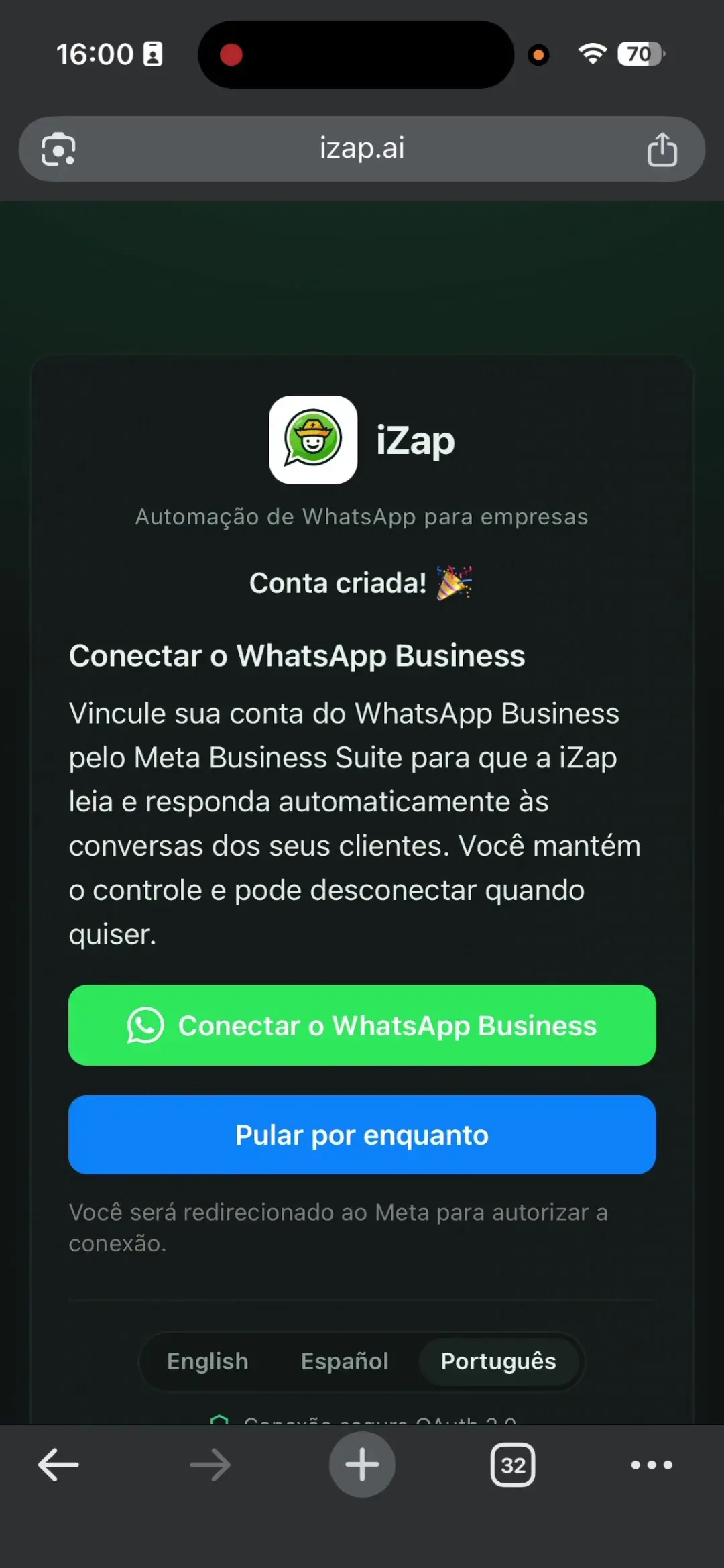 Tela de autorização OAuth do iZap com opção de conectar WhatsApp Business