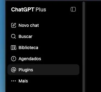 Menu lateral do ChatGPT com a opção Plugins selecionada