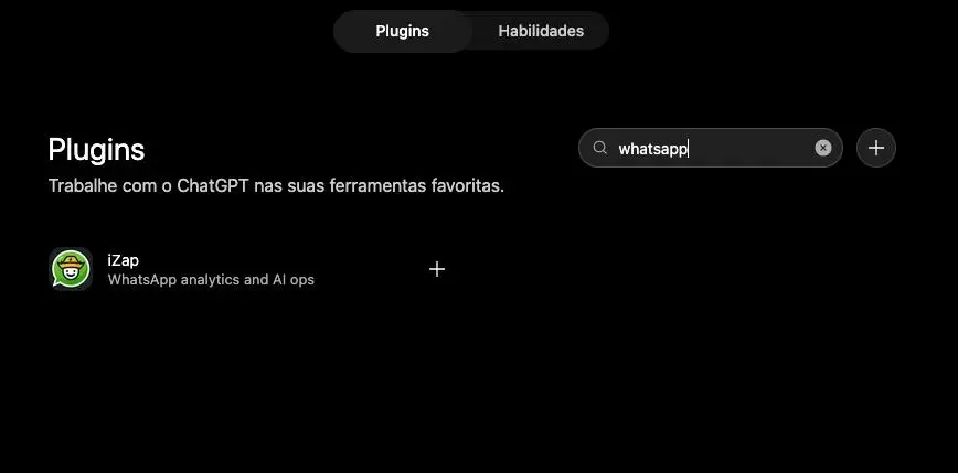 Busca por whatsapp na loja de plugins mostrando o app iZap