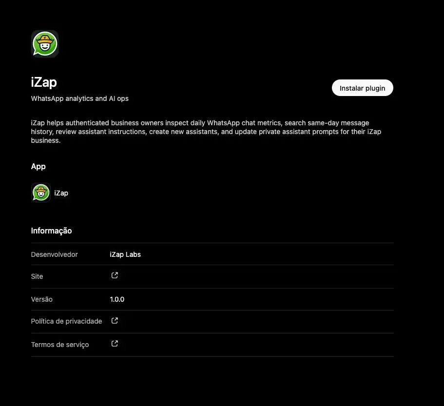 Página de detalhes do iZap com o botão Instalar plugin