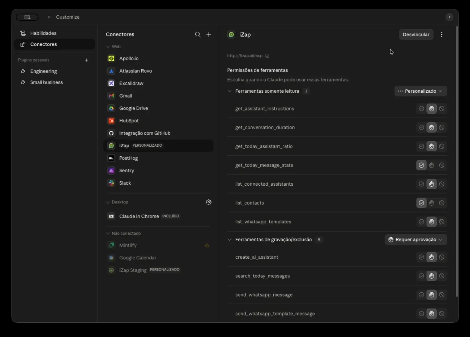 Lista de ferramentas do iZap disponíveis no Claude